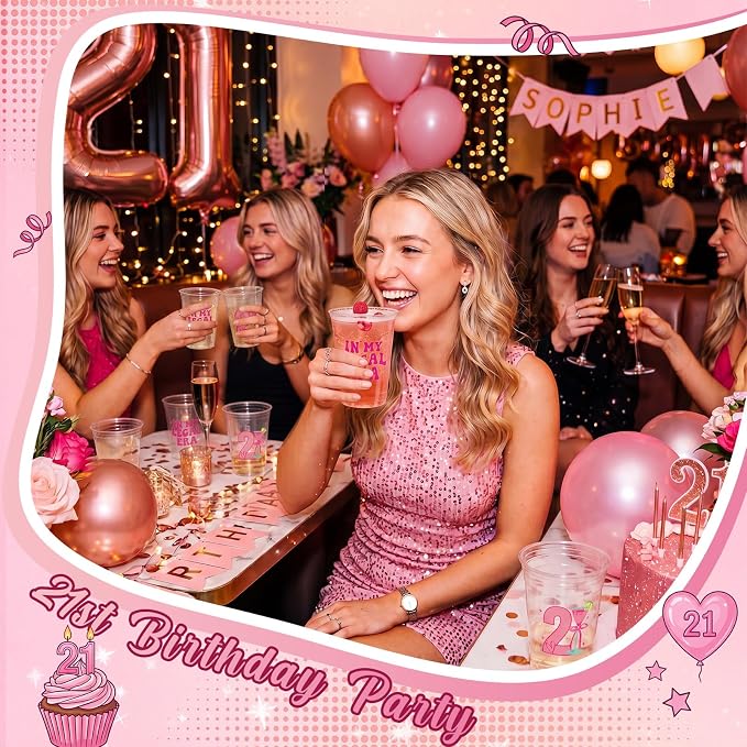 Jingmore 50 Pcs Birthday Plastic Cups 12 oz Birthday Disposable Plastic Cups Thick Clear Drinkware for Men Women Celebrate Party Supplies(pink 21st)