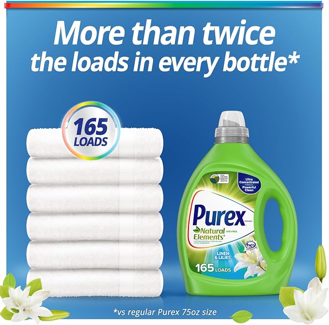 Purex Natural Elements Fresh Lilies & Linen Liquid Detergent, 82.5 oz, 165 Loads, Ultra-Concentrated, Dye-Free, USDA Certified Biobased Product (Pack of 2)