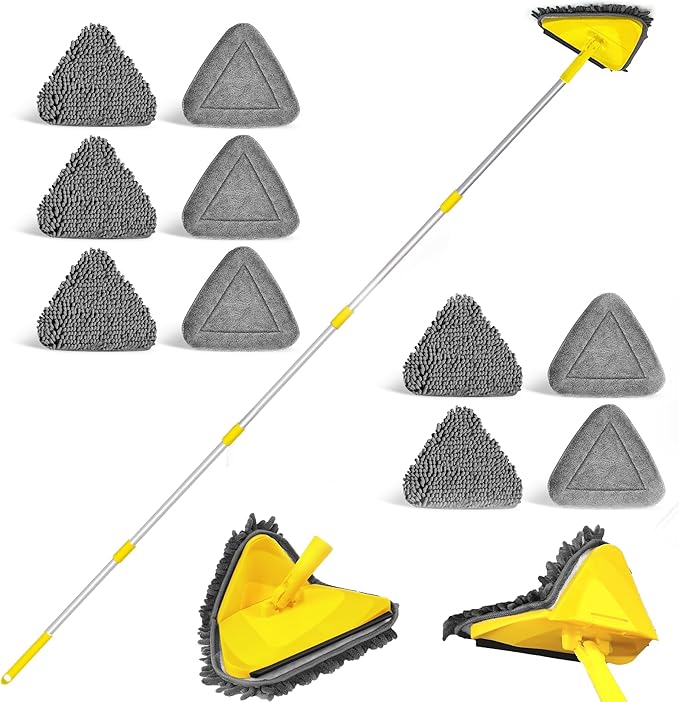 JEHONN Wall Cleaner Mop with Long Handle 80 Inches, 3-in-1 Ceiling Cleaning Tool Duster with 10 Replacement Microfiber Chenille Pads (Yellow)