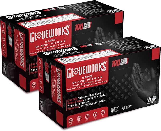 GLOVEWORKS Black Nitrile Gloves 6 Mil, Disposable, Raised Diamond Texture, Latex Free, Food Safe, Industrial Mechanic Glove