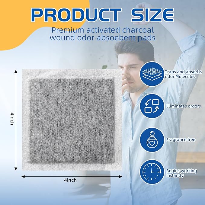 Yinder 20 Pcs Activated Charcoal Absorbent Pads for Infected Wound Odor Adhesive 4" Charcoal Pads for Body Odor, Shoes, Underwear (Square)
