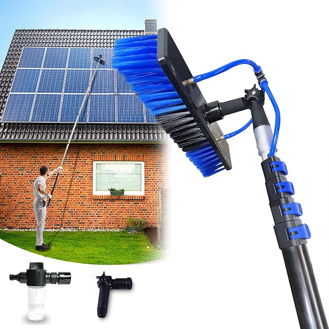 16FT Solar Panel Cleaning Kit with Telescopic Pole & Soap Dispenser, Water Fed Solar Panel Brush for Home/Roof/Caravan, Extendable Window Cleaner Tool for RV, Boat, Deck & Outdoor Use (16FT)