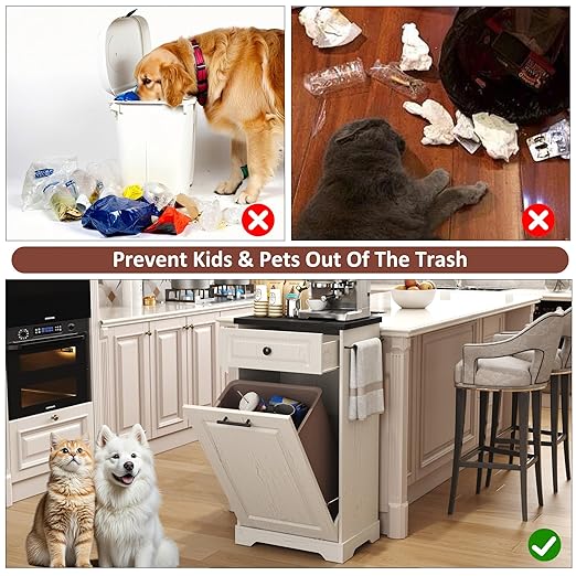 Function Home Trash Can Cabinet, 13 Gallon Tilt Out Trash Cabinet, Wooden Kitchen Garbage Can with Hideaway Drawer, Pet Proof Trash Can Holder for Kitchen Living Room, Antique White with Black Top