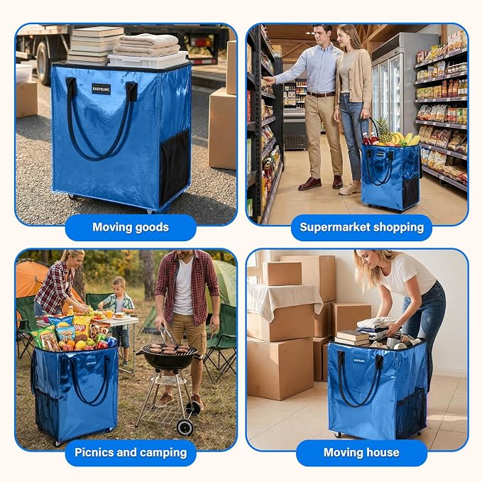 Reusable Hauler Rolling Tote Bag, Collapsible Portable Shopping Bag with Wheels for Groceries, Apartments Laundry, Organization,Heavy Duty Utility Tote Bag for Travel Moving, 75lbs, Blue
