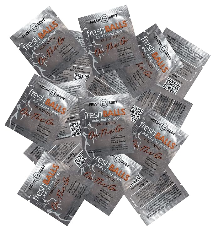 Fresh Body FB Balls On-The-Go Anti-Chafing Lotion, 0.07 Fl Oz Travel Size Packet - Men's Soothing Cream to Powder - Ball Deodorant and Hygiene for Groin Area (Pack of 60)