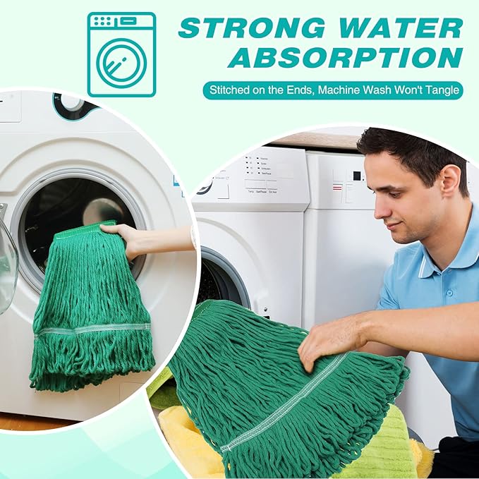 Roshtia 16 Pack Mop Head Replacement Large Heavy Duty Mop Head Commercial Replacement Looped End Cotton String Industrial Washable Mophead Refills for Commercial Industrial Home Cleaning(Green)