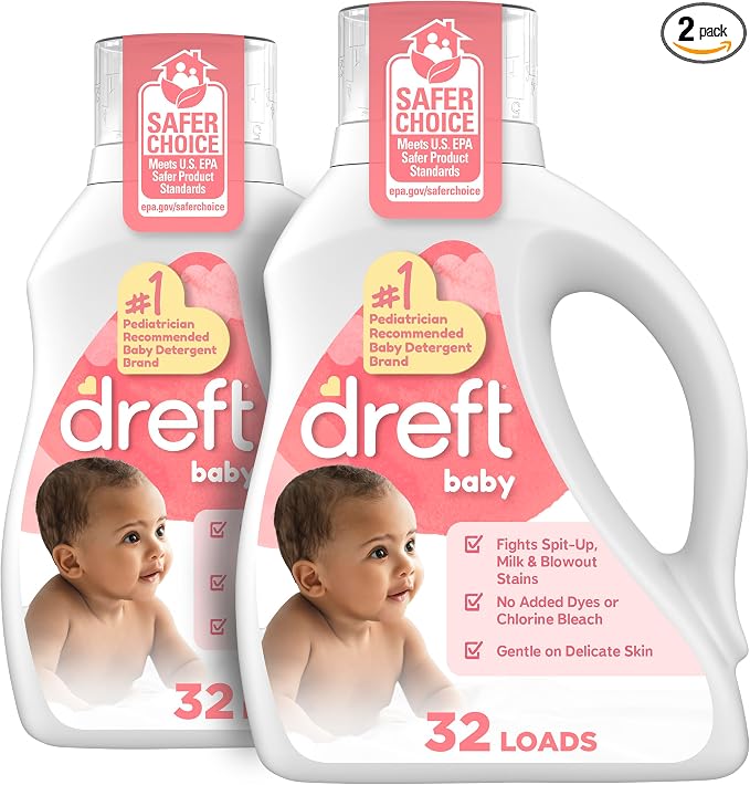 Dreft Baby Liquid Laundry Detergent, Gentle on Sensitive Skin Laundry Soap, 42 fl oz, 32 Loads, Pack of 2 (Packaging May Vary)