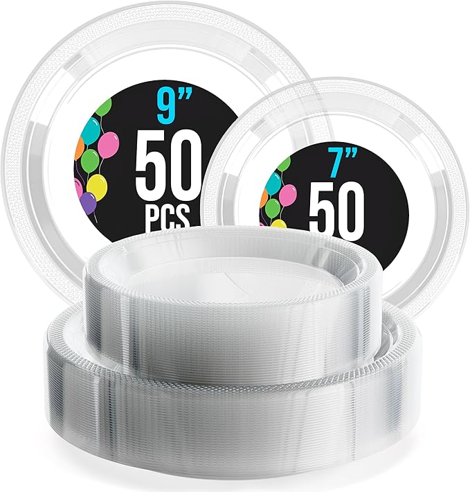Exquisite Party Solids Clear Plates Disposable Clear Plastic Plates 100 Pieces - 50-7" & 50-9" Heavy Duty 350 GSM Disposable Dinnerware Sets, Plastic Dinnerware Sets