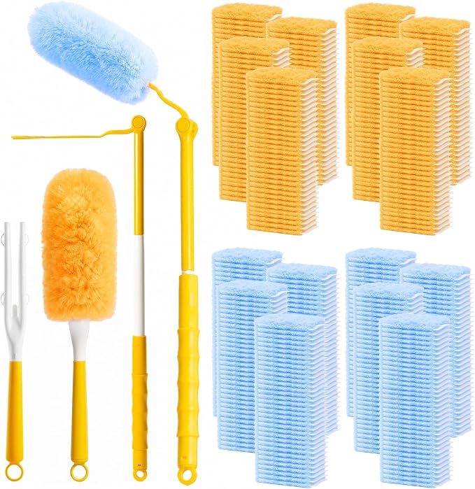 200 Pcs Disposable Dusters Refills Bulk Heavy Duty 360° Dusters Refill with 3ft Extended Handle and Short Handle, Multi Surface Replacement Duster Kit for Cleaning Ceiling Fan (Orange,Blue)