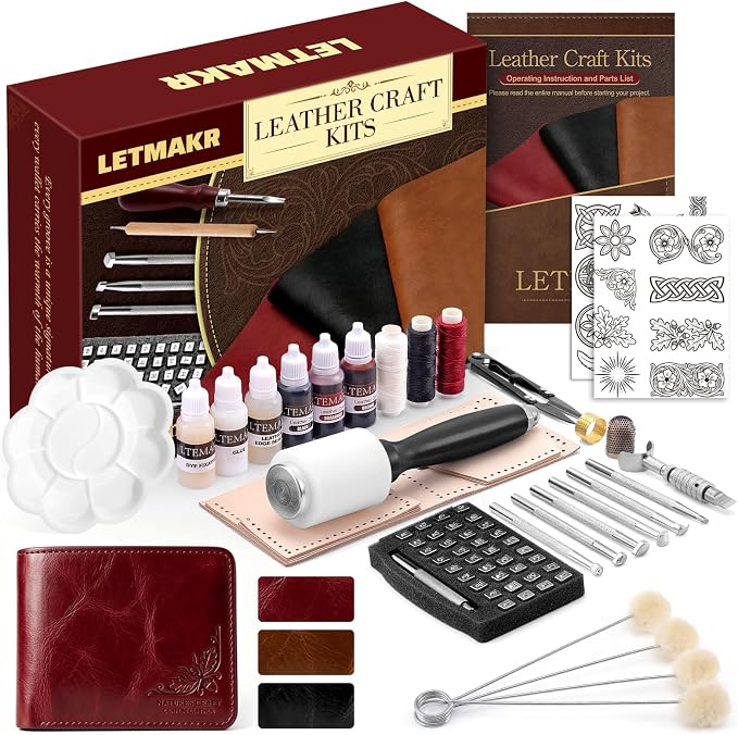 Leather Working Kit with Cowhide and Paint Set | Men's Wallet DIY Kit, Leather Crafting Tools, Hobbies for Women and Men, Art and Crafts for Adults