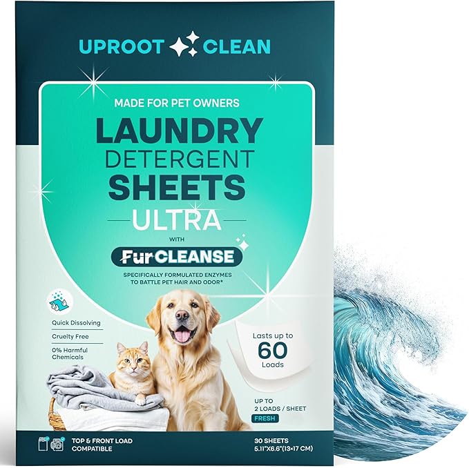 Uproot Clean Laundry Sheets Ultra - 30 Pack - Fresh Scent: Extra-Large Enzyme-Powered Laundry Detergent Sheets Travel Pack - Eliminate Clinging Fur, Pet Odors, & Messy Residue - Up to 60 Loads