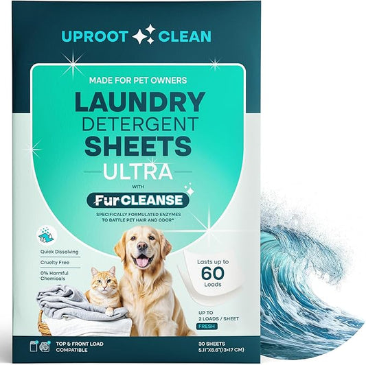 Uproot Clean Laundry Sheets Ultra - 30 Pack - Fresh Scent: Extra-Large Enzyme-Powered Laundry Detergent Sheets Travel Pack - Eliminate Clinging Fur, Pet Odors, & Messy Residue - Up to 60 Loads