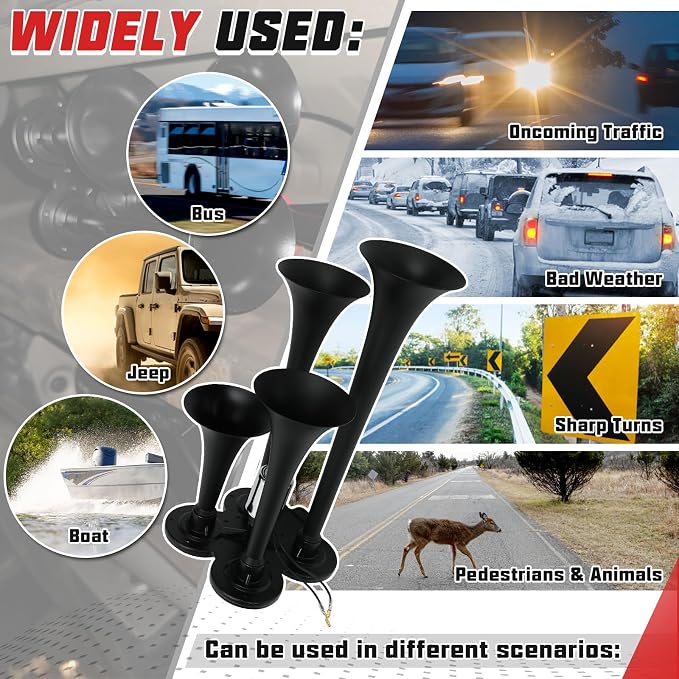 PTNHZ Double Row 4 Trumpet Air Horns Kit w/Electric Solenoid & Mounting Hardware 12V/24V Super Loud 178dB Universal for Pickup Car Jeep SUV Train Boat(Black)