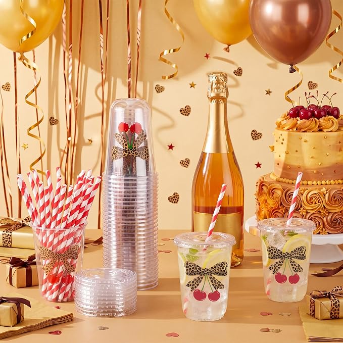 LemonRoad 50sets 16oz Leopard Cherry Cups Bow Cherry Birthday Party Decorations Supplies Cute Plastic Cups Disposable with Lids and Straws for Valentines Galentines Day Christmas Wedding Baby Shower