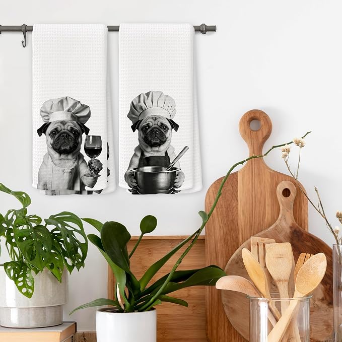 Funny Chef Pug Kitchen Towels Set of 2, Pug Dog Gifts for Women Dish Tea Towels for Kitchen, Dog Mom Lovers Owner Gifts Decorative Hand Towel, 16x24 Inch