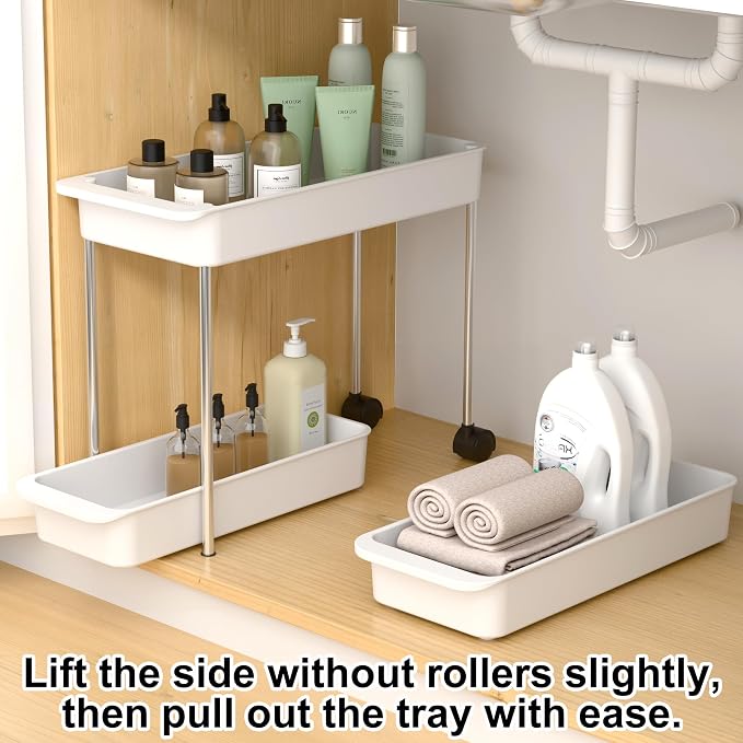 2-Tier Under Sink Organizer with Smooth Rolling Wheels, Pull-Out Bottom Storage Drawer with Easy-Lift Handle, Metal & Plastic Sliding Cabinet Organizer for Kitchen & Bathroom, White, 2 Pack