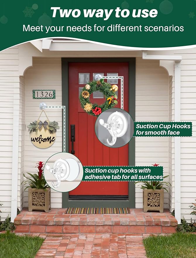 5 Pack Wreath Hangers for Front Door, Heavy Duty Suction Cup Hooks with Adhesive Suction Tab, Removable Garland Hanger for Christmas, No Damage Wreath Hook for All Surfaces, Holds up to 11 Lbs
