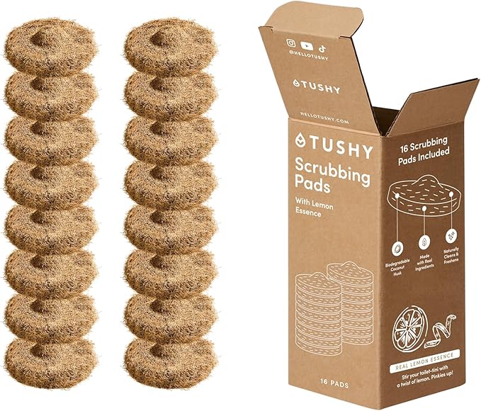 TUSHY Lemon Coconut Husk Scrubbing Pads, 16 Pack | Planet Friendly Cleanser-Infused Pads, No Toilet Bowl Cleaner Needed Toilet Brush 2.0 Refills