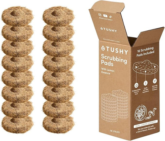 TUSHY Lemon Coconut Husk Scrubbing Pads, 16 Pack | Planet Friendly Cleanser-Infused Pads, No Toilet Bowl Cleaner Needed Toilet Brush 2.0 Refills
