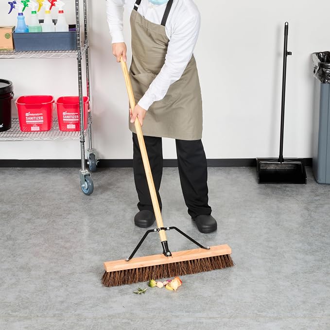 Restaurantware-Clean Tek Professional 24 Inch Push Broom, 1 Heavy-Duty Broom with 60” Handle - Palmyra Bristles, Use Indoor and Outdoor, Wooden, Commercial Use, for Deck, Driveway, Garage, Patio