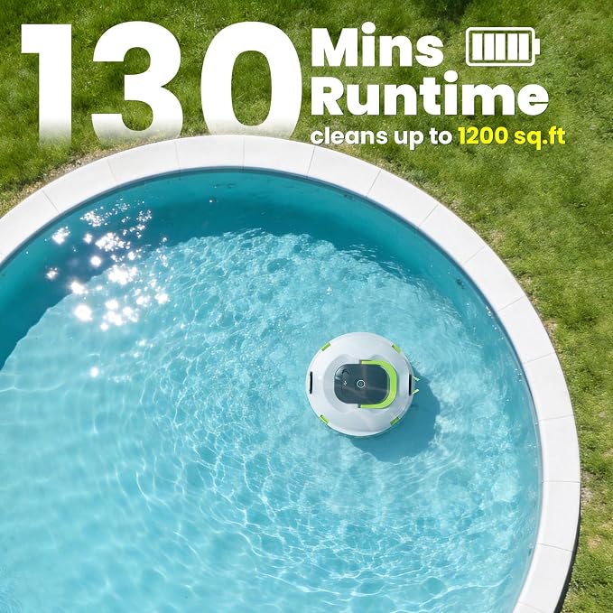 Y20 Robotic Pool Cleaner, Cordless Pool Vacuum for Above Ground & Inground Flat Pools with Dual Motors, 130 Min Runtime, Auto-Parking, Powerful Pool Vacuum Robot for Up to 1200 Sq.Ft
