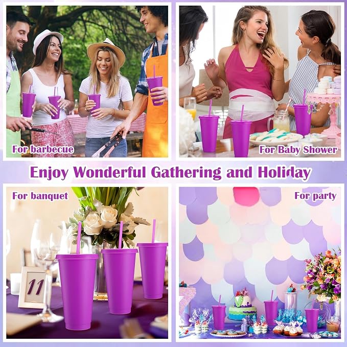 Honeydak 60 Pack Tumbler with Straw and Lid Bulk Cups for Gifts Water Bottle Iced Coffee Travel Mug Cup Reusable Plastic Tumblers for Party Birthdays 24-27 oz (Light Purple Color)