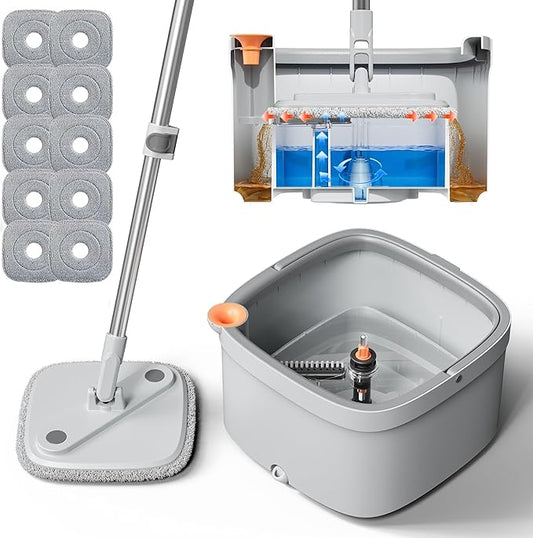 KZKR Spin Square mop and Bucket System with Wringer Set for Home with 10 Mop Pads (Grey,White)