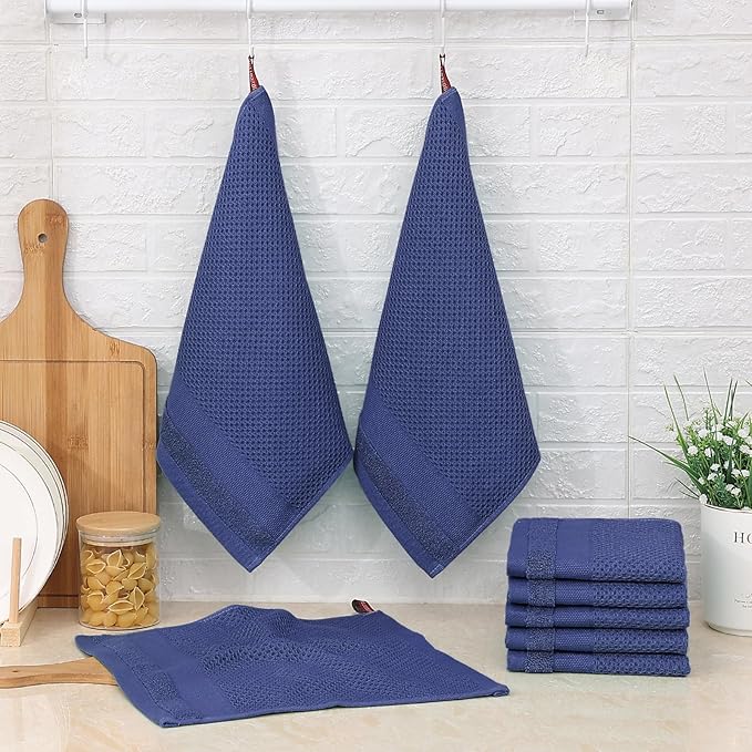 Homaxy 100% Cotton Waffle Weave Kitchen Towels, 13 x 28 Inches Super Absorbent and Machine Washable Dish Towels for Drying Dishes, 8-Packs, Navy Blue