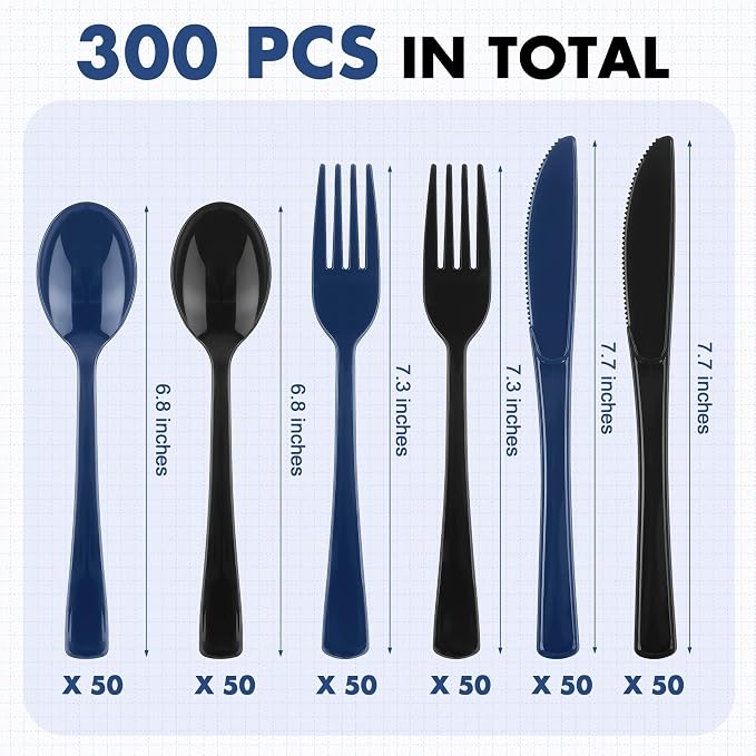 Kochorie 300Pcs Black & Blue Graduation Disposable Plastic Silverware, Heavy Duty Cutlery Set, Premium Flatware Include Forks Knives Spoons for Graduation Party Supplies & Congrats Grad Events