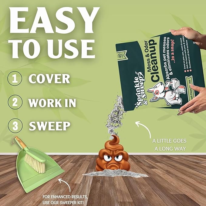 Sprinkle & Sweep: Pet Mess & Odor Cleanup - 4 Pack, 15oz Bags - Dog Accident Clumping Powder, Remove Pee-Poo-Vomit From Hard Surfaces, Ultra-Absorbent