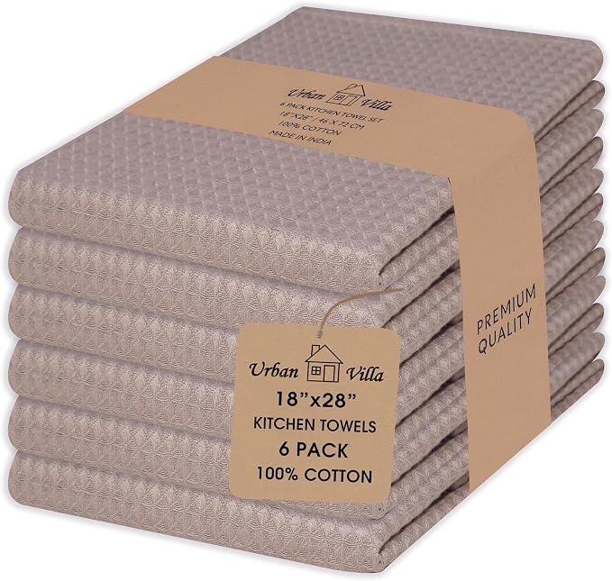 Urban Villa Waffle Dish Towels - Tan Color Set of 6 Highly Absorbent Cotton Towels - Oversized 18x28 with Mitered Corners