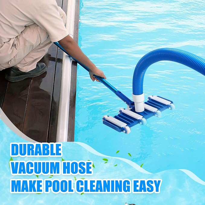 2 Pcs Pool Cleaning Vacuum Kits include 14" Swimming Pool Vacuum Head with Flexible Wheels and 1-1/2" x 18 FT Hoses for Inground Above Ground Pond Cleaning, Pole Not Included(Right Corner)