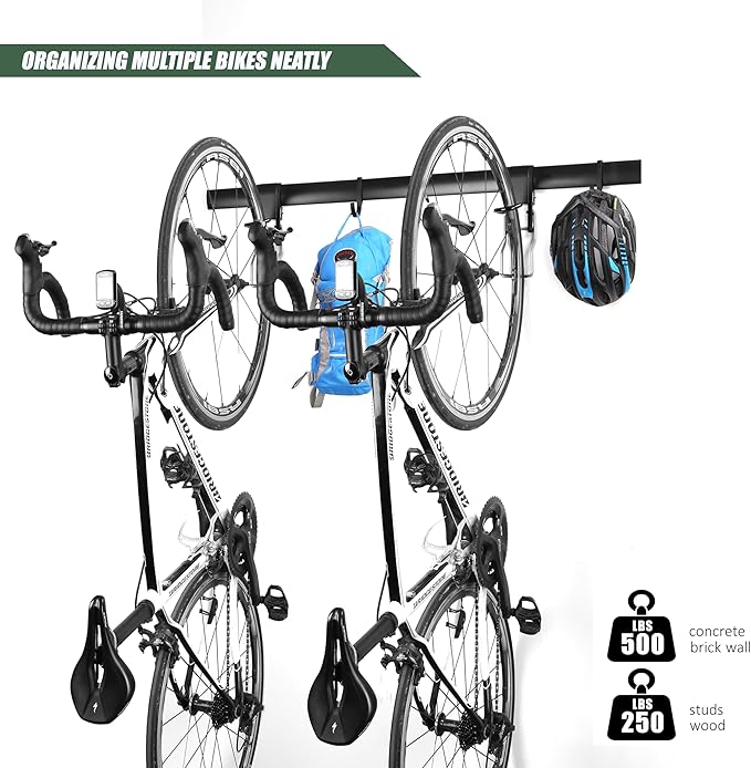 Wall 2/3/4 Bike rack, Fits Max 3 Inch for Mountain Bike eBike, 110 lbs Weight Capacity, with Helmet Hook, Modular Hook Track Design Heavy duty Wall mount Bicycle Hanger for Garage Storage