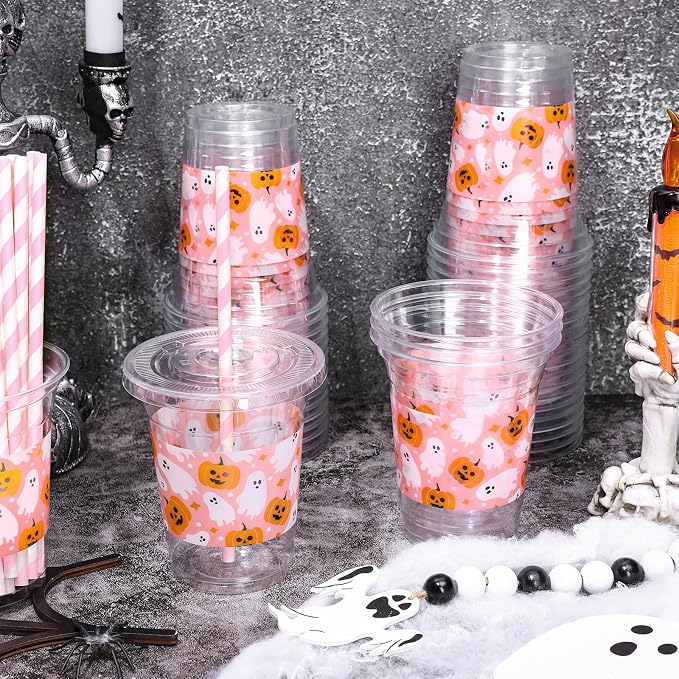 Whaline 50 Pcs Halloween Disposable Plastic Cups with Lids and Straws 12 oz Cute Pink Pumpkin Ghost Cold Beverage Drinking Cups for Birthday Party Favors