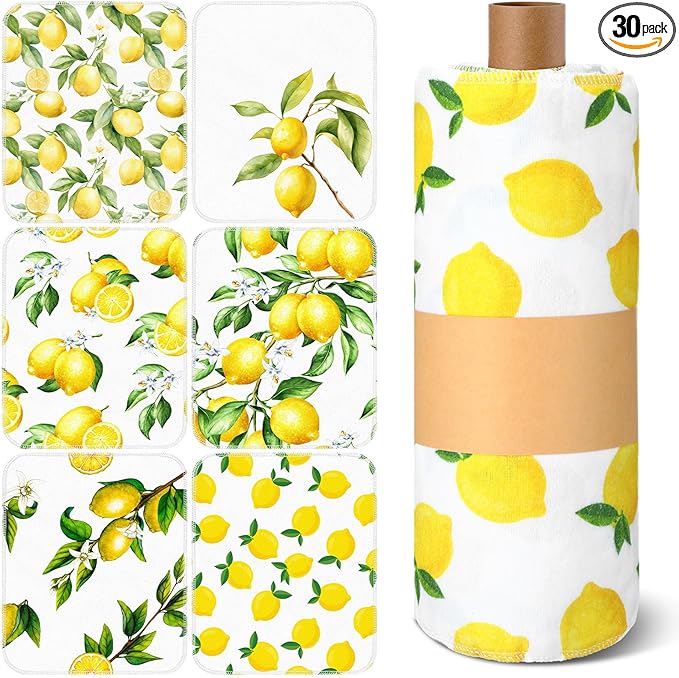 Redbaker 30 Pcs Reusable Paper Towels Rolls Towels Bulk Kitchen Washable Paperless Cloth Cotton Hand Napkins with Cardboard Reusable Napkins for Kitchen Bathroom (Lemon Style)