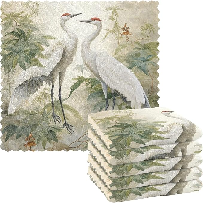 ALAZA Dish Towels Kitchen Cleaning Cloths Crane Birds Dish Cloths Absorbent Kitchen Towels Lint Free Bar Tea Soft Towel Kitchen Accessories Set of 6,11"x11"