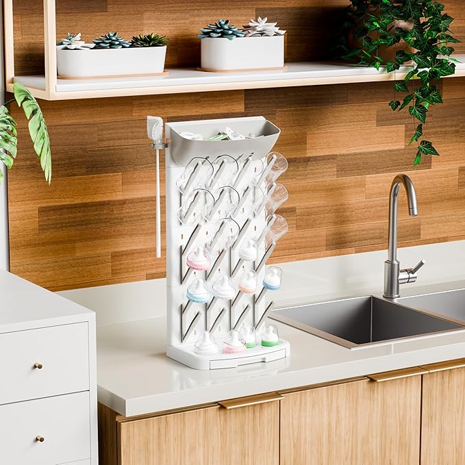 SuoXing Vertical Baby Bottle Drying Rack with Brush- Hold 24 Bottles - Large Breast Pump,Bottle Dryer Rack for Kitchen Countertop,Space Saving Bottle Stand Holder for Pacifiers,Pump Accessories,Grey