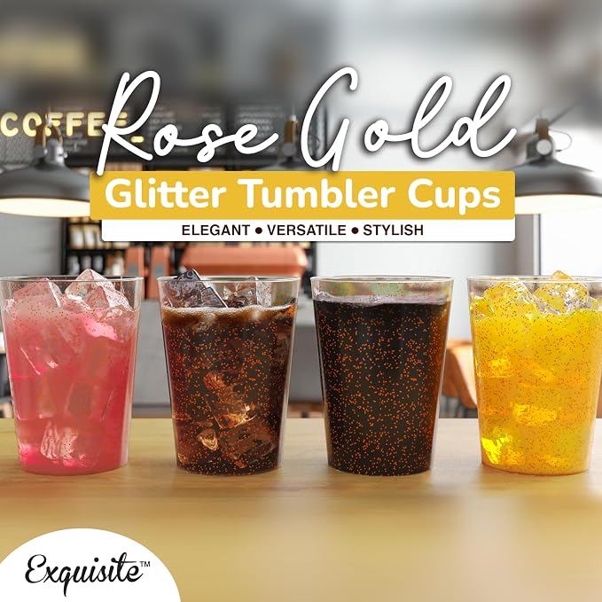 Exquisite Rose Gold Plastic Cups Disposable, Clear Plastic Tumblers 10 Oz. 200 Ct. - Glitter Tumblers, Rose Gold Glitter Cups Disposable For Party, Weddings, Cocktail Glasses & Wine Glasses