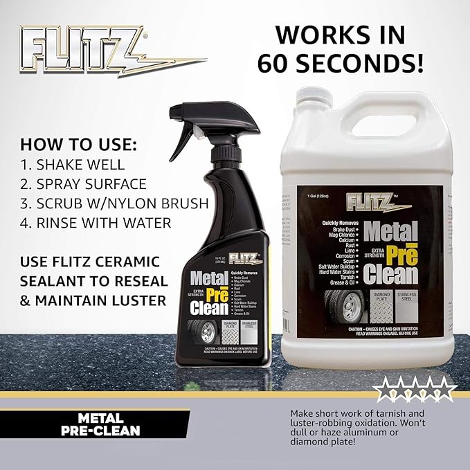 FLITZ Metal Pre-Clean - 1 Gallon of USA-Made Stainless Steel Cleaner - Works on Aluminum, Brass, Copper, & More - Tarnish, Rust Remover for Metals - Non-Abrasive Aluminum Deoxidizer (1 Pack)