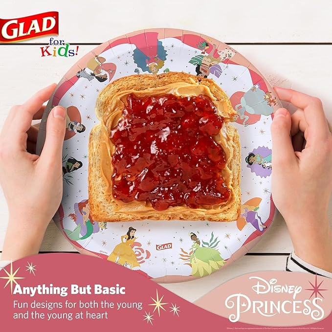 Glad for Kids Disney Princess Disposable Paper Plates, Magic is in All of Us - Heavy Duty, Soak Proof, Microwavable, Kid-Friendly Snack Plates for Everyday Use, 8.5 Inch, 24 Count - 10 Pack