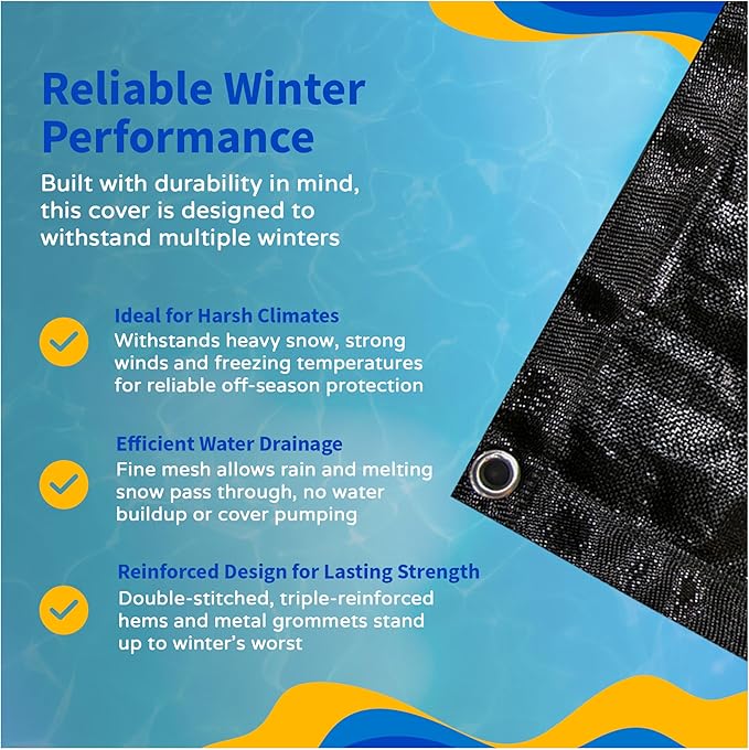 Blue Wave Rugged Mesh 12 ft 8-Year Above Ground Pool Cover for Winter – Fine Mesh Debris Barrier – 4 ft Overlap, Reinforced Grommets, Vinyl-Coated Cable, Metal Winch – Black Finish - BWC600