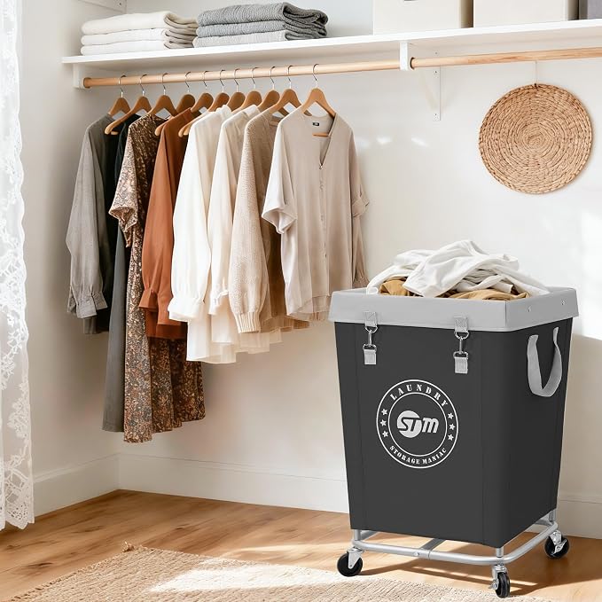 STORAGE MANIAC Commercial Laundry Hamper with Heavy Duty Steel Frame, 160 L Industrial Laundry Basket Cart with Wheels for Hotel, Home, Laundry Room, 17.72''L x 17.72''W x 30.91''H, Medium Black