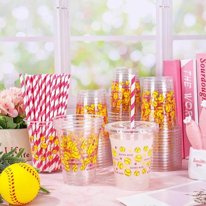 FYSUIMU 50 Pcs Softball Plastic Cups with Lids and Straws Clear Plastic Cups Yellow Baseball Party 12 Oz Disposable Cup for Sports Party Supplies
