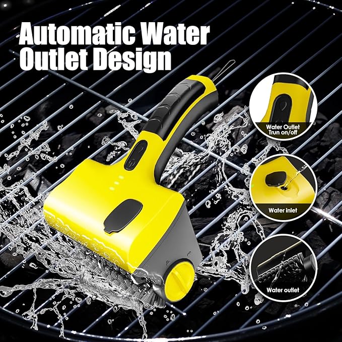 Electric Grill Brush with Liquid Box, Cordless Rechargeable Barbecue Grill Cleaner, 2-Speed, 360° Rotating Cleaning Brush with Replacement Bristles