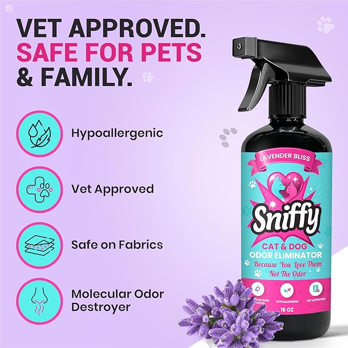 Sniffy Pet Odor Eliminator Spray Lavender Enzymatic Cleaner for Dog & Cat Urine, Litter Boxes, Carpets & Furniture, Hypoallergenic, Fabric-Safe, Vet-Approved, 2x16 oz Twin Pack, Made in USA