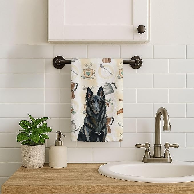 Caroline's Treasures Belgian Sheepdog Groenendael Coffee Bar Kitchen Towel Velour Plush Front and Cotton Loop Back Machine Washable