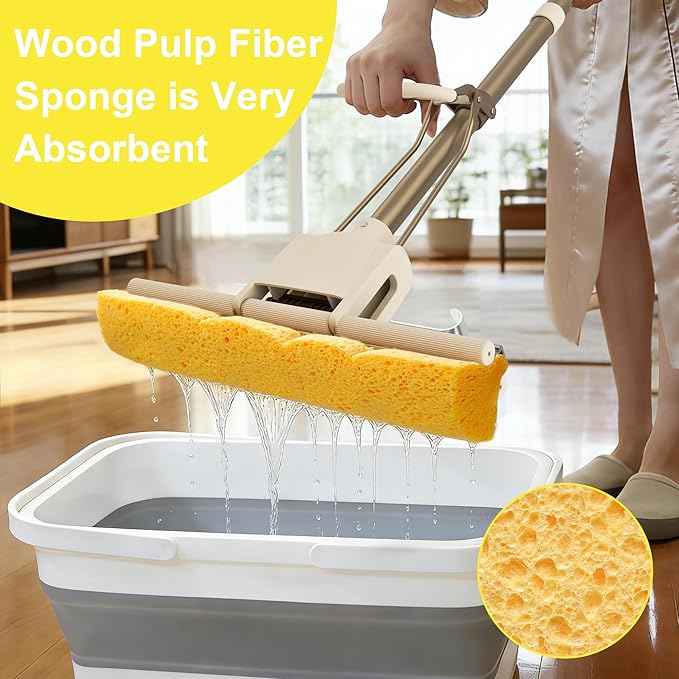 LILAC Cellulose Sponge Mop with 2 Replacement Heads, 4-Color Handle Choices for Zoned Cleaning, Super Absorbent Pop Up Roller Mop for Hardwood,Laminate Floors, Heavy Duty Floor Scrubber (Yellow)