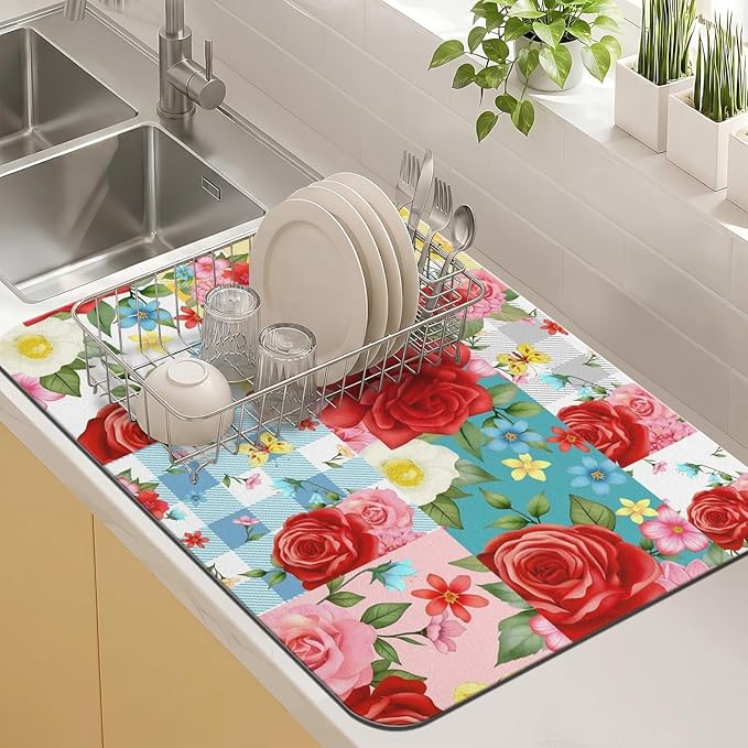 Kitchen Countertop Dish Drying Mat,Super Absorbent Coffee Bar Mat for Maker Espresso Machine, Anti-Slip Accessories for Kitchen Countertops 24x18 Inch