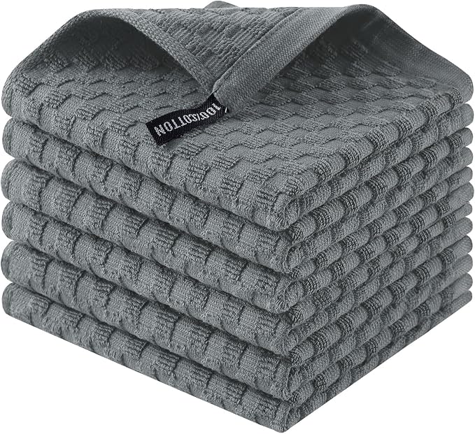 Homaxy 100% Cotton Terry Kitchen Dish Cloths, Ultra Soft Absorbent Dish Towels with Hanging Loop, Pineapple Grid Designed, 12 x 12 Inches, 6-Pack, Dark Grey