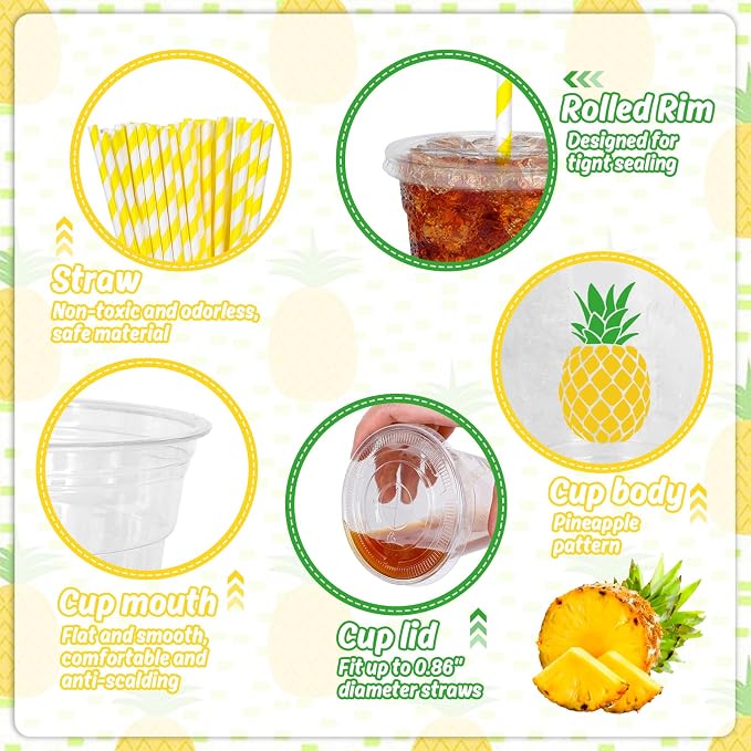 Whaline 50Pcs Pineapple Disposable Plastic Cups with Lids and Straws 12 Oz Tropical Fruit Cold Beverage Drinking Cups for Summer Hawaiian Birthday Party